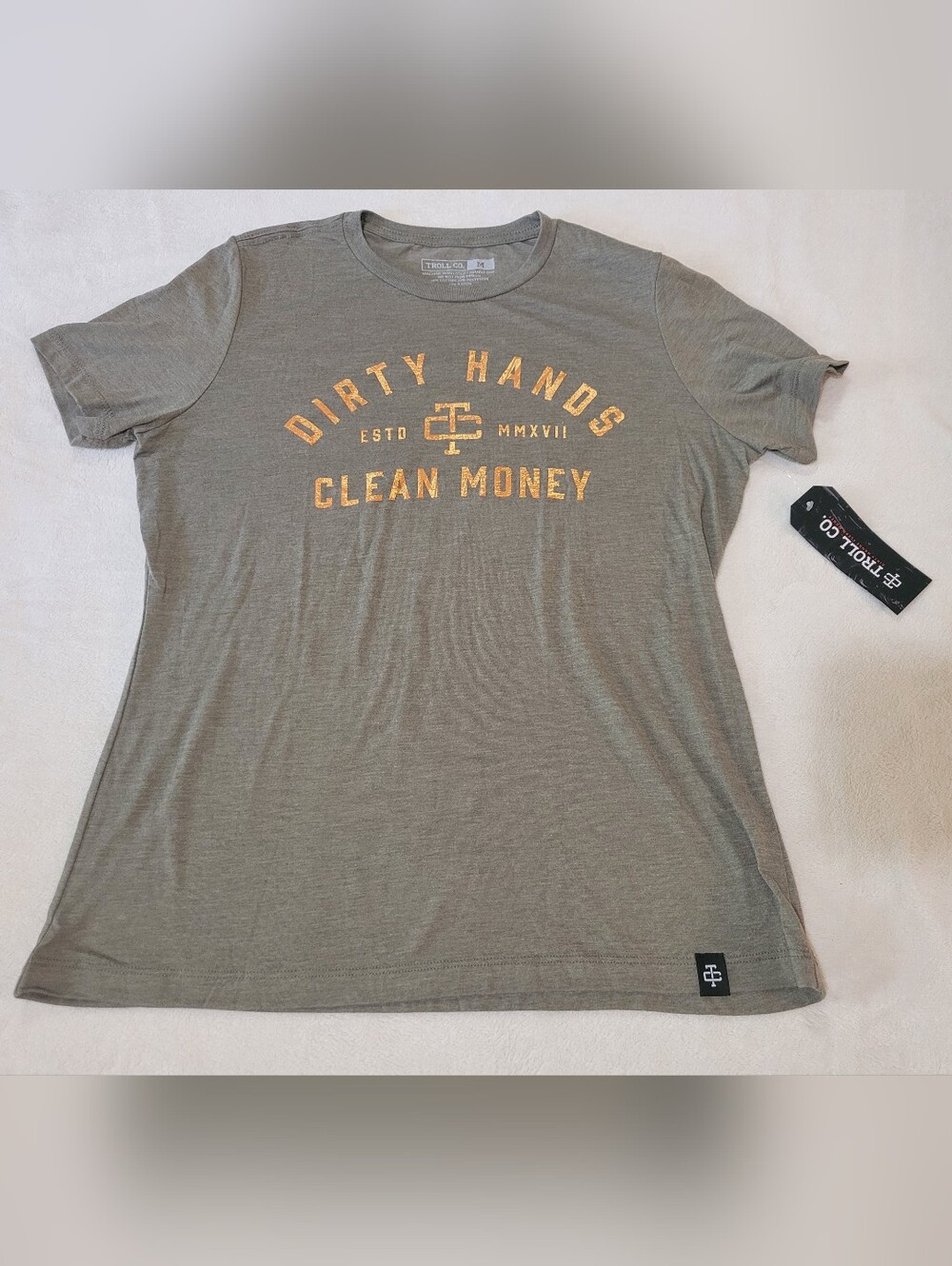 NWT Troll Co Military Green Dirty Hands Clean Money Tshirt Size M